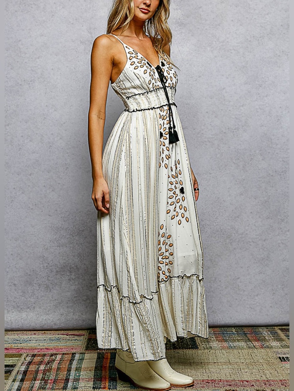 Deep V-Neck Tassel Ruffle Embroidered
Trim Maxi Dress - Picture 4 of 6